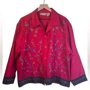 Life Style Silk Blend Embroidered Beaded Red Button-Up Shirt Jacket size Large